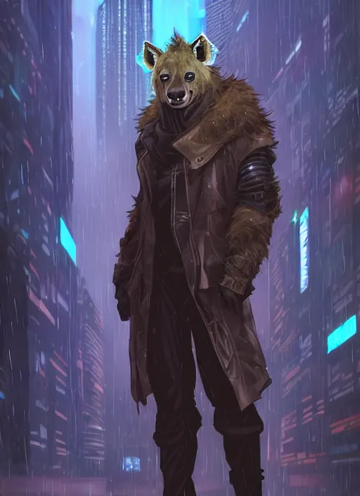 Image similar to beautiful portrait commission of a male furry anthro hyena fursona wearing cyberpunk jedi robes in a cyberpunk city at night in the rain. character design by charlie bowater, ross tran, artgerm, and makoto shinkai, detailed, inked, western comic book art