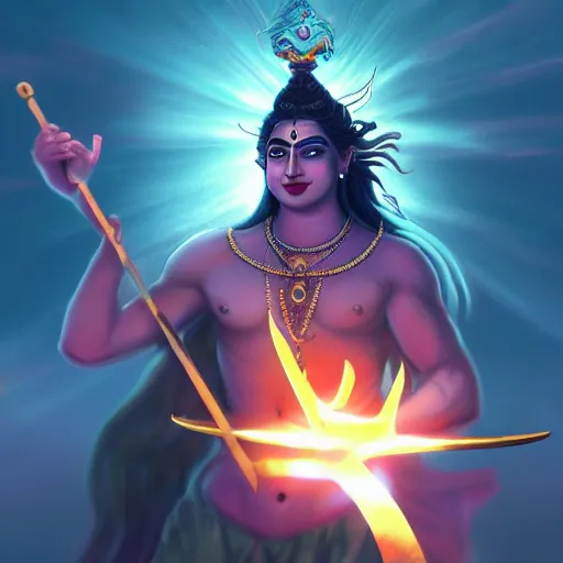 Image similar to Lord Shiva holding trident in the space , glowing effect, universe, concept art trending on artstation , realistic,