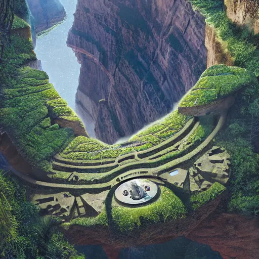 Prompt: a massive organic bio megastructure on a beautiful cliff side above a canyon, by robert hubert, by josip csoor, by laurie lipton, photorealistic, zaha hadid, volumetric lighting, horror, detailed, intricate, elden ring, raytrace, octane, mirror, psychedelic, cgscociety,
