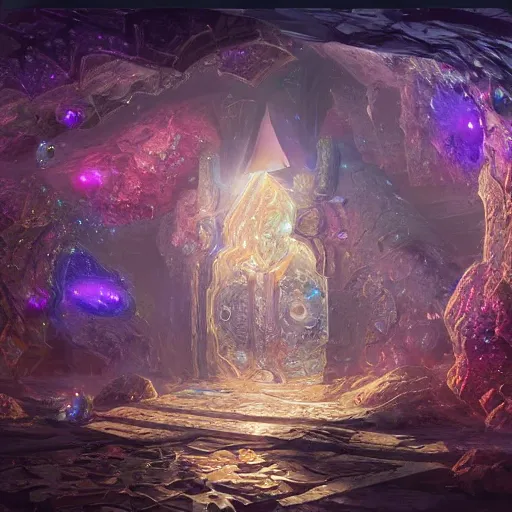 Prompt: a fractal of intricately details crystals, iridescent portal of light, by tyler edlin, thomas kinkade, artstation hd, fantasy concept art