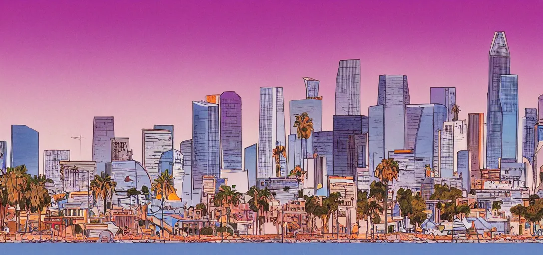 Image similar to concept illustration art for los angeles skyline by lou romano and dice tsutsumi