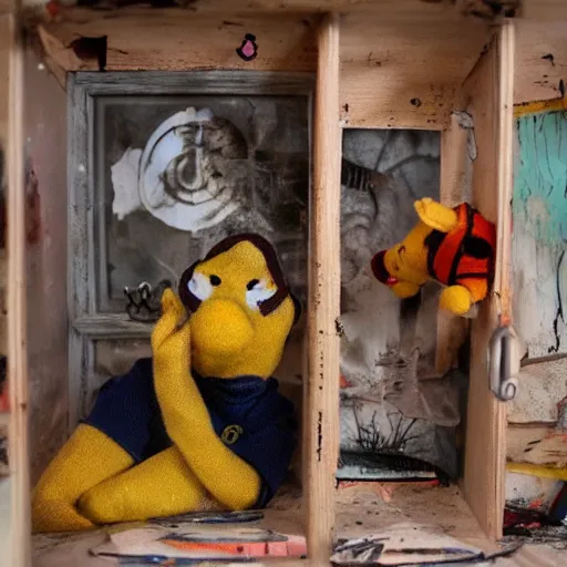 Image similar to Winnie the pooh sock puppet decaying in apocalyptic graffiti dollhouse