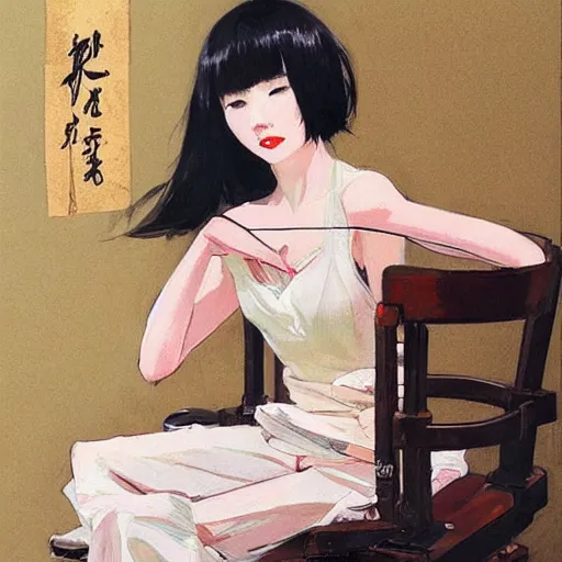 Image similar to painting by wlop, conrad roset, coby whitmore, and chie yoshii. of a pretty cute japanese beauty sitting on antique chair leaning against a desk, sideview, victorian room