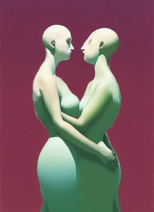 Image similar to two women spherical heads kissing wearing translucent dress made of plastic bags Edward Hopper and James Gilleard, Zdzislaw Beksinski, highly detailed