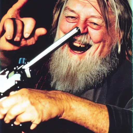 Image similar to robert wyatt laughing maniacally and pointing a gun directly at the camera