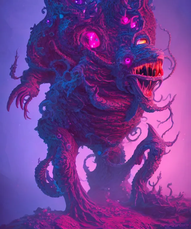 Image similar to a xanathar made of bioluminescence slimy skin, fantasy, elegant, crisp 8 k line art, digital painting, artstation, unreal engine, octane render, emissive lighting, concept art, matte, sharp focus, hyper realistic lighting, illustration, deep royal blue and pink color scheme, art bywes benscoter