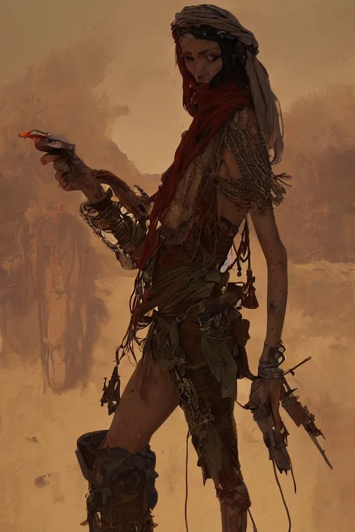 Image similar to a full body portrait of a beautiful post apocalyptic offworld musicians district bedouin blind pulp fiction scarlet wild rogue barbarian leper begging by the roadside, intricate, elegant, highly detailed, digital painting, artstation, concept art, smooth, sharp focus, illustration, art by krenz cushart and artem demura and alphonse mucha