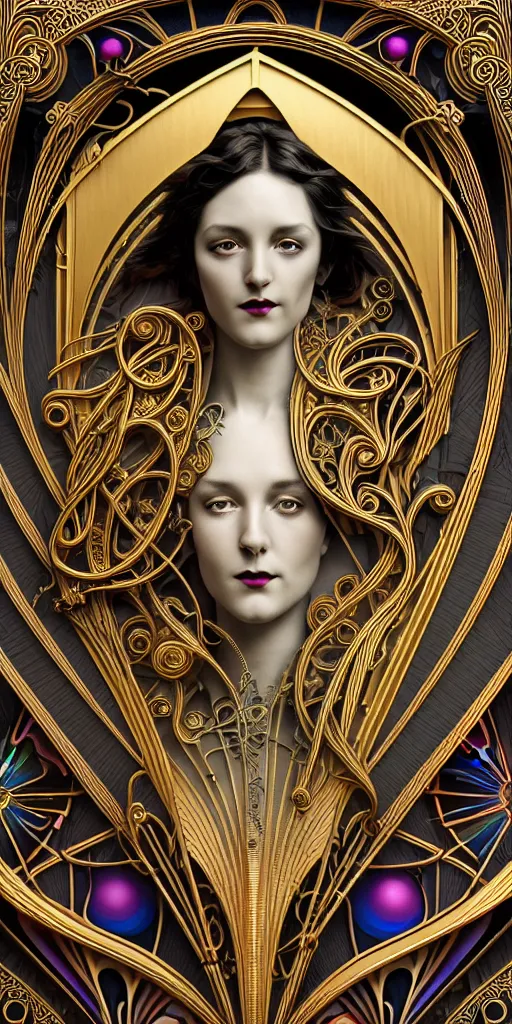 Image similar to the source of future growth dramatic, elaborate emotive Art Nouveau styles to emphasise beauty as a transcendental, seamless pattern, symmetrical, large motifs, 8k image, supersharp, medallions, iridescent black and rainbow colors with gold accents, perfect symmetry, pearlescent, High Definition, sci-fi, Octane render in Maya and Houdini, light, shadows, reflections, photorealistic, masterpiece, smooth gradients, high contrast, 3D, no blur, sharp focus, photorealistic, insanely detailed and intricate, cinematic lighting, Octane render, epic scene, 8K
