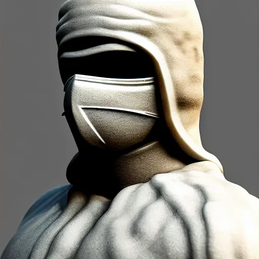 Image similar to 3 d octane rendering, marble statue of ninja wearing full face mask and hunter hat, vfx art, sharp, detailed, pinterest, unreal engine, behance, technological, octane render