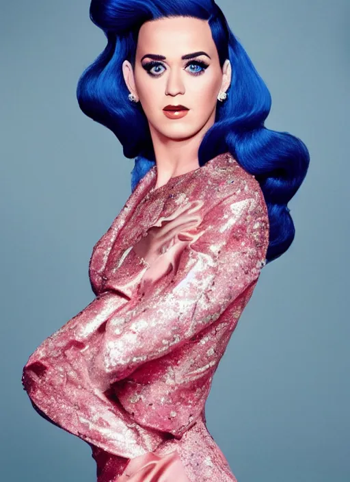 Image similar to katy perry styled by nick knight posing, full body shot, vogue magazine, canon, highly realistic. high resolution. highly detailed. dramatic. 8 k. 4 k.