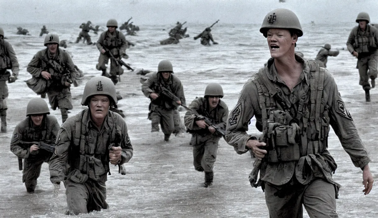 Image similar to Hollywood image of Matthew Lillard as shaggy from scooby doo, storming the beaches of Normandy, with soldiers by his side, saving private Ryan, 70mm film, HD, high detail, photorealistic, epic shot, Hollywood cinematic, Christopher Nolan