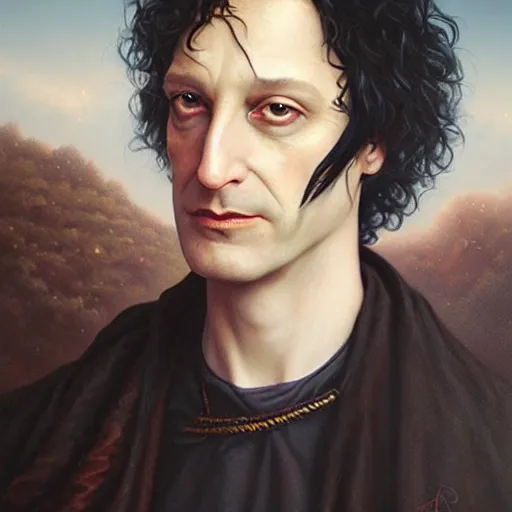 Image similar to a portrait of neil gaiman's morpheus in a scenic environment, by tom bagshaw