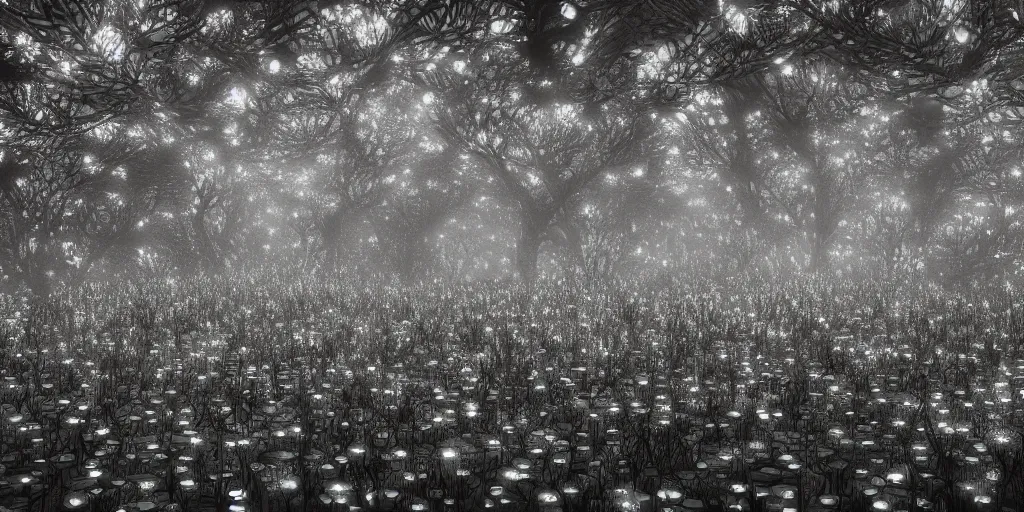 Image similar to luminous garden of 1000 eyes horror, intricate complexity, silver nitrate photography, acid wash layering, trending on art station, photoreal, 8k, octane render