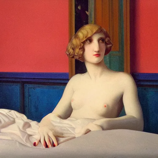 Prompt: close - up of a girl in a soviet room, film still by wes anderson, depicted by canova, limited color palette, very intricate, art nouveau, highly detailed, lights by hopper, soft pastel colors, minimalist