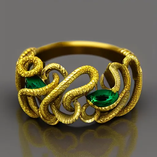 Image similar to mystical gold and diamond thin curly female ring with fine purple and green details, ultra detailed, centered, octane render, elegant, caustics