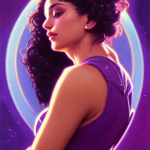 Image similar to Portrait of very very very very very very beautiful Latina woman, spacesuit, purple eyes, intricate, elegant, highly detailed, digital painting, artstation, concept art, smooth, sharp focus, illustration, art by artgerm and greg rutkowski and alphonse mucha