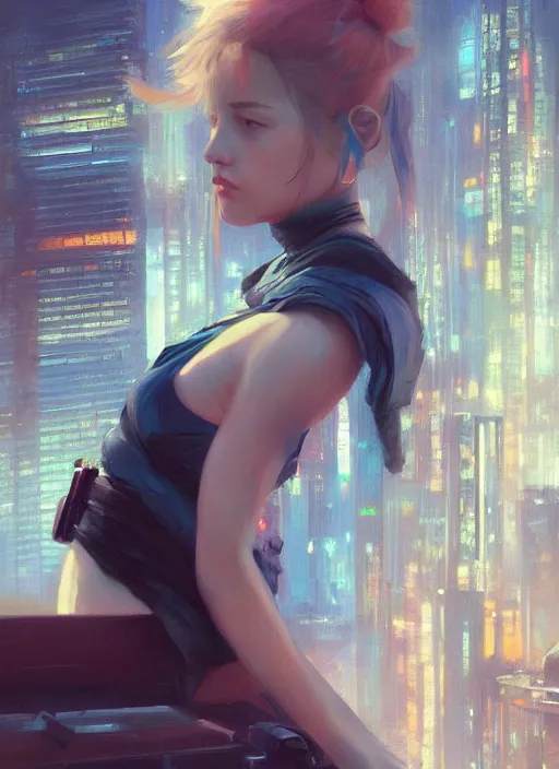 Prompt: girl sitting on a rooftop, cyberpunk, medium shot, expressive oil painting, by yoshitaka amano, by jeremy lipking, by artgerm, by wlop, digital art, portrait