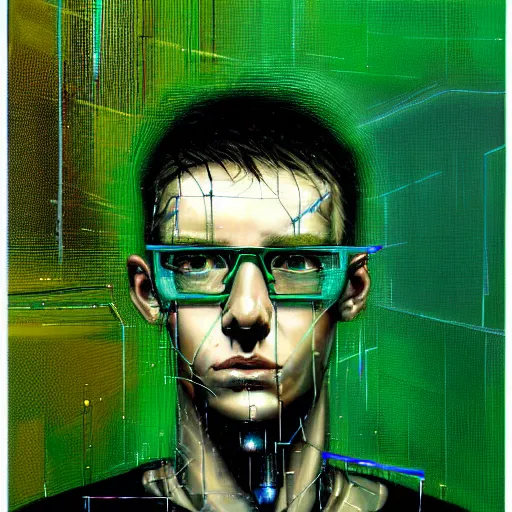 Prompt: hyperrealistic portrait of a cyberpunk teenager, male, short hair, confident, cybernetics, immersed within a glitch network, by Guy Denning, Metzinger, Russ Mills, glitch art, hyper focus, fine detail, fined detail, polished, complex, hacking effects, digital tech effects, chromatic, color blocking!, green, realistic, acrylic on canvas, concept art, abstract, trending on cgsociety, trending on artstation