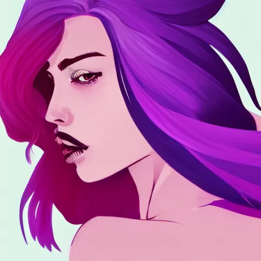 Image similar to a stunning upper body portrait of a beautiful woman with ombre purple and pink hair blowing in the wind by marvel comics, digital art, trending on artstation