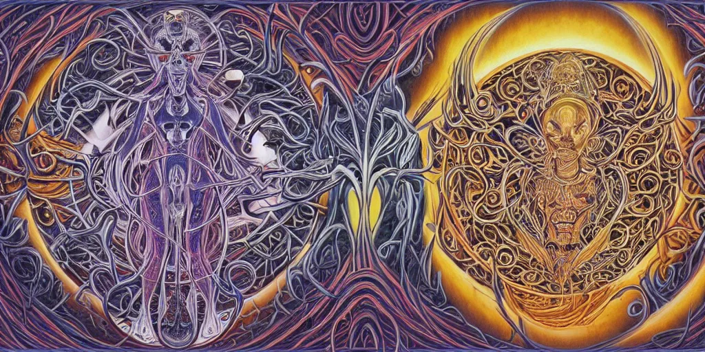 Image similar to drawing inspiration from sri lankan demonology, divine disease is an artistic representation of the malefic deity whose presence is responsible for the cause of epidemics and infectious diseases, concept art, biomechanical, realistic oil painting by alex grey