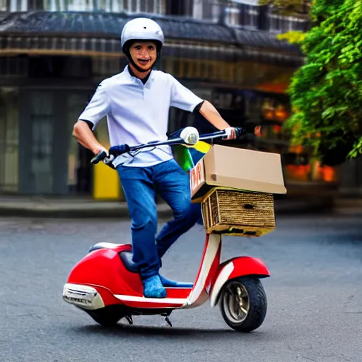 Image similar to delivery driver on scooter delivering boxes, extremely high quality, artistic rendering, cartoon, top - rated, award winning, realistic, sharp, no blur, edited, corrected colour, white background, trending