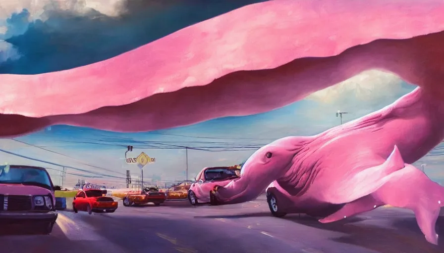 Prompt: an oil painting of a giant pink whale falling out of a blue sky onto cars on a busy bridge, realistic, cinematic lighting