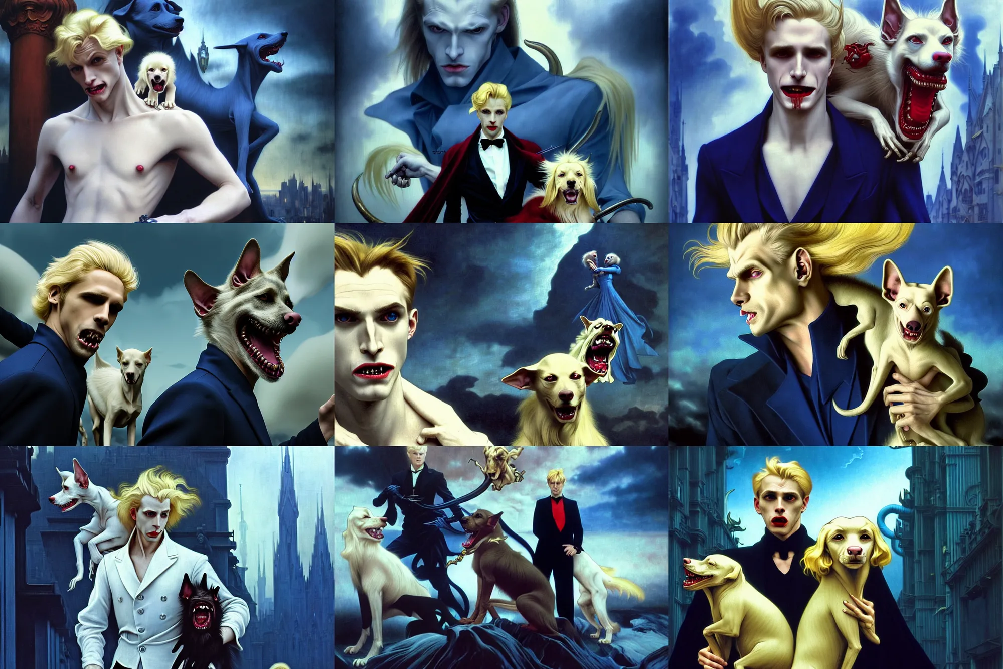Prompt: realistic detailed portrait movie shot of an elegant blond male vampire with a cerberus, futuristic street background by denis villeneuve, amano, yves tanguy, alphonse mucha, max ernst, caravaggio, edward robert hughes, roger dean, rich moody colours, dog teeth, blue eyes