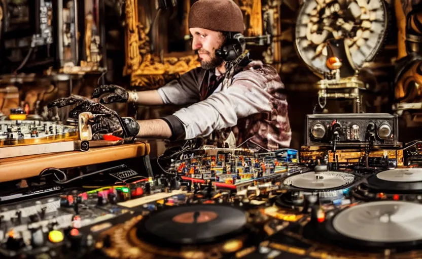 Image similar to a person working a steampunk mixing board and record player doing turntablism dj scratching, intricate carved wood, planetary gears, complex contraption, wearing old school headphones and visor, cinematix, imax, sharp focus, hyper detail