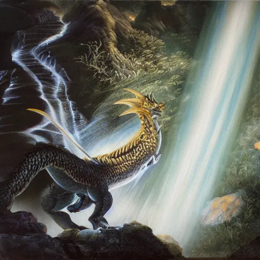 Image similar to oil painting of a dragon flying in the air near a cave with a waterfall in the center, light emanating from the waterfall leading to a big pool of water, dragon has black and white siberian tiger stripes, elegant, sharp focus, wide shot, clear, detailed, early renaissance