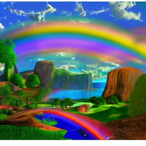 Prompt: A utopian landscape filled with rainbows, in the style of gage taylor