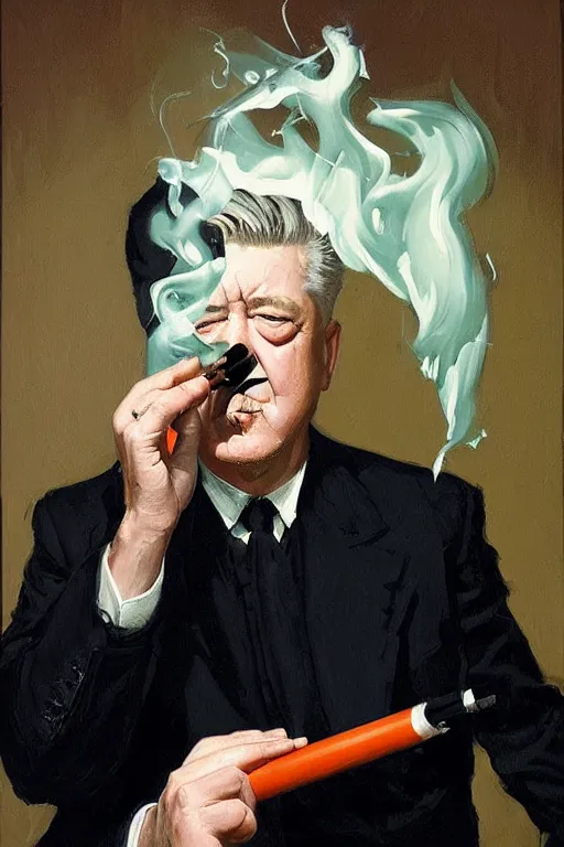 Prompt: david lynch smoking cigarette, lit by cigarette, billowing smoke, dark orange glow, painting by jc leyendecker!! phil hale!, lynchian!!!! ominious, dark lighting, angular, brush strokes, painterly, vintage, crisp