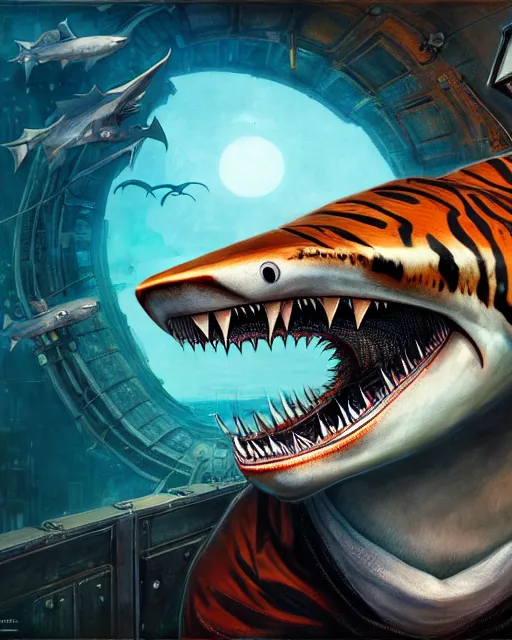 Prompt: a portrait of an anthropomorphic cyberpunk tiger shark, by jon foster, detailed render, epic composition, cybernetics, 4 k realistic, fender stratocaster, cryengine, realistic shaded lighting, sharp focus, masterpiece, by enki bilal