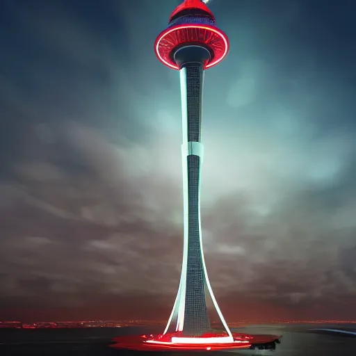 Image similar to auckland sky tower, red lighting, evil, artstation, octane render