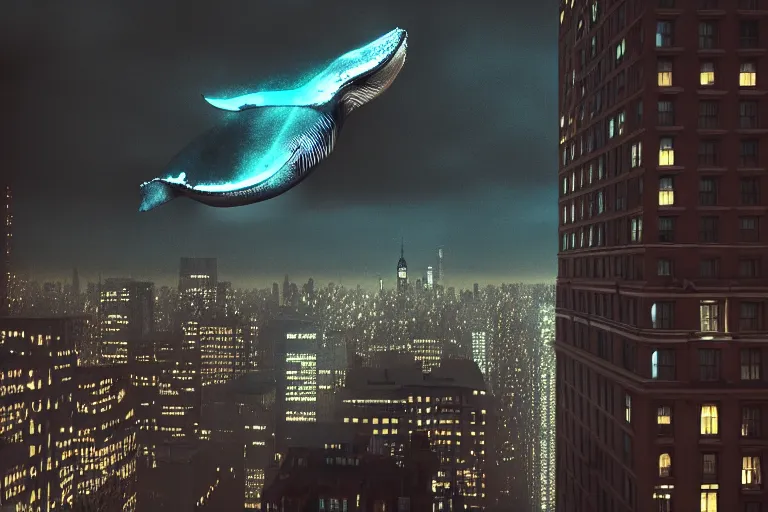 Prompt: whale flying over a building at night time, wearing fashion clothing, id magazine, hyperrealism, detailed textures, photorealistic, newyork city, ultra realistic, cinematic, intricate, cinematic light, unreal engine 5, octane render, david kostic, artgerm