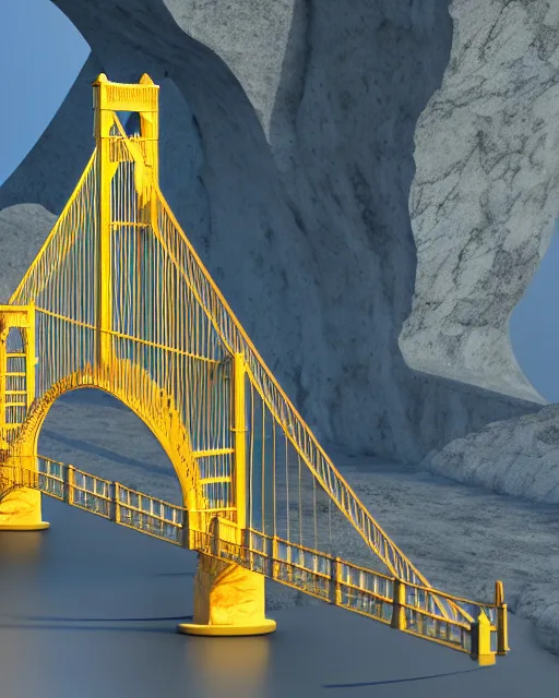 Image similar to scientifically realistic render scifi golden bridge to royal fortress stronghold temple carved out of marble skeleton and blue gems rendered in octane