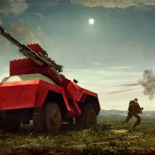 Image similar to Watermelon as military vehicle with epic weapons, launching rockets on a battlefield, russian city as background. Concept digital art in style of Caspar David Friedrich, Less watermelon a bit more military vehicle,unreal engine 5, artstationHD, 4k, 8k, 3d render, 3d Houdini, cinema 4d, octane epic RTX dimensional dramatic light