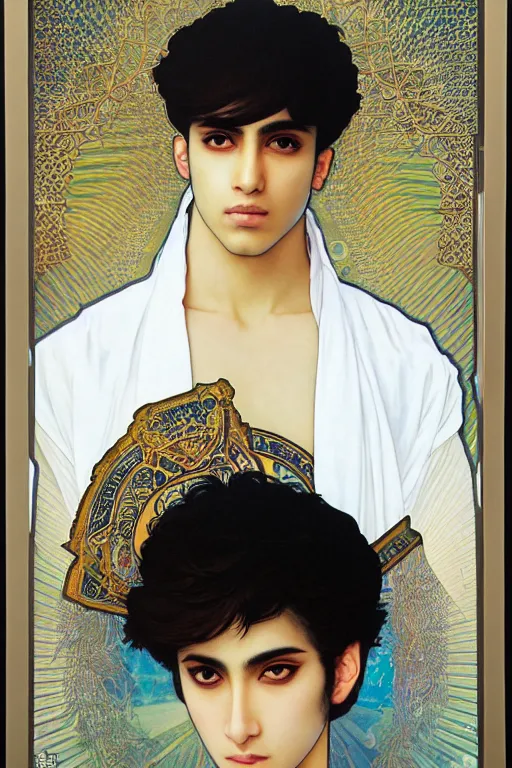 Prompt: beautiful medium shot portrait of a young arabic man inspired by ayami kojima with short hair dressed with a white t - shirt looking into the camera from three - quarters, white background white bank studio light, art by yoshitaka amano, alfons mucha and shingo tamagawa, 8 k