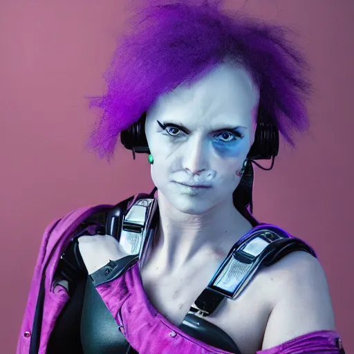 Image similar to a portrait photo of a futuristic sci - fi pirate, purple themed, robot pirate