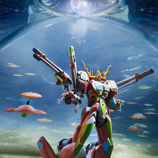 Image similar to amphibious submarine mecha with waterlily elements, flower sepals forming helmet, evangelion, nymphaea, 8 k hd resolution, barbatos gundam, bandai box art, star wars, makoto kobayashi, frank gehry, raymond swanland