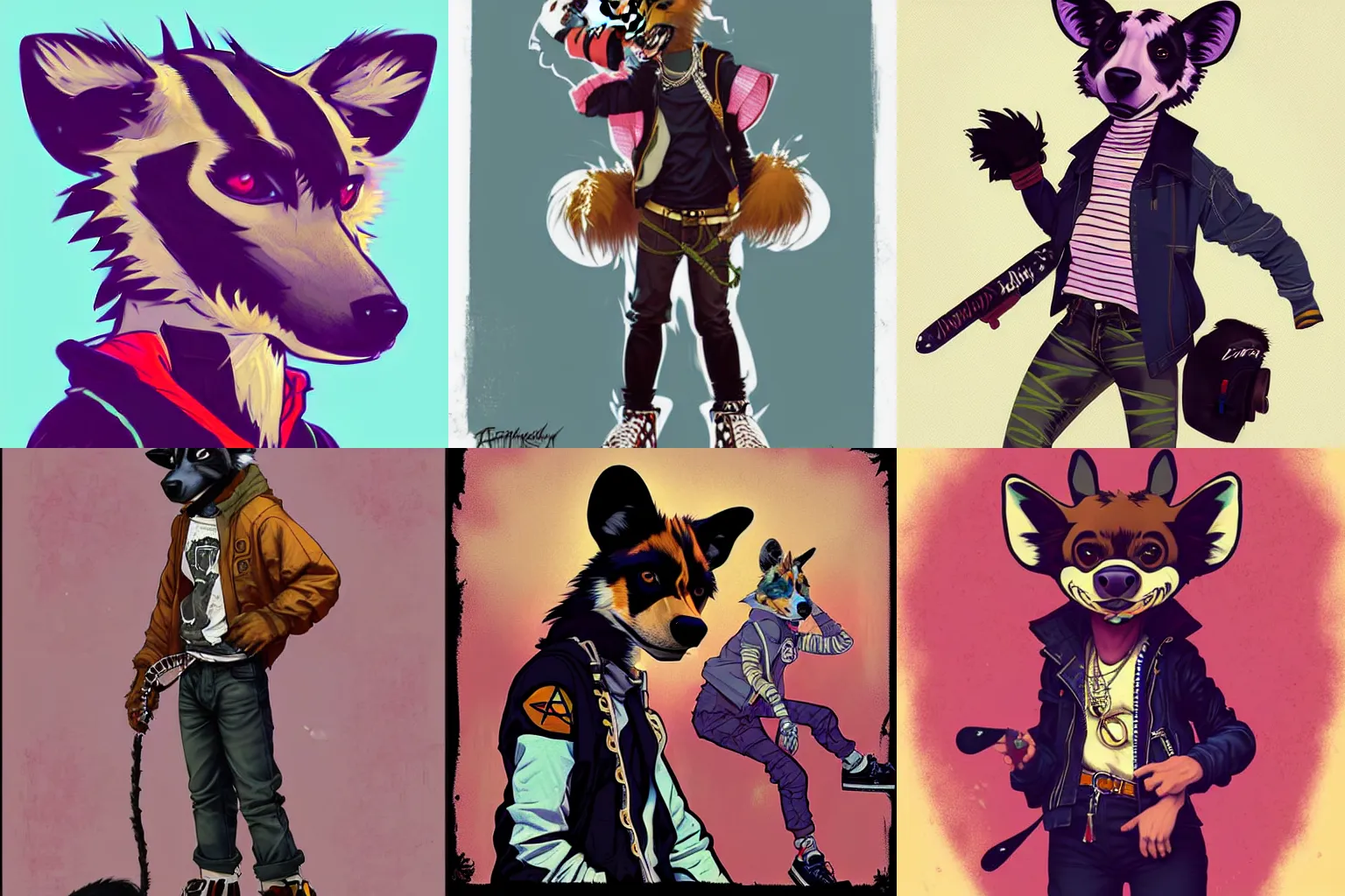 Prompt: furry anthropomorphic painted wild dog wearing skater punk clothes. Renowned character illustration by greg rutkowski, thomas kindkade, alphonse mucha, loish, norman rockwell. Trending on furaffinity. Flat digital drawing. Vector art. Vaporwave.