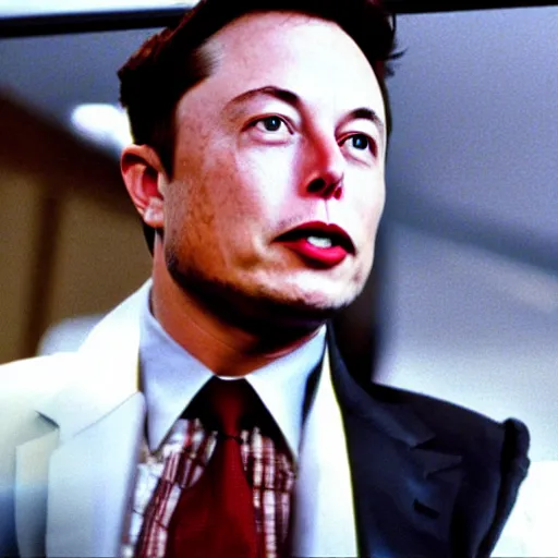 Image similar to a leak screenshot of Elon Musk in a late 2000’s movie, vhs quality, low quality,