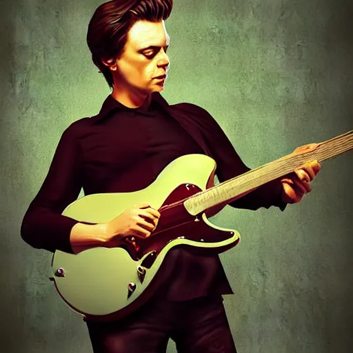 Image similar to portrait of a robert palmer model playing guitar, D&D, beautiful, realistic, cinematic lighting, fantasy digital painting