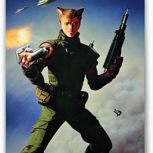 Image similar to an action portrait of fox mccloud holding a blaster, suspenseful, heroic, by peter elson