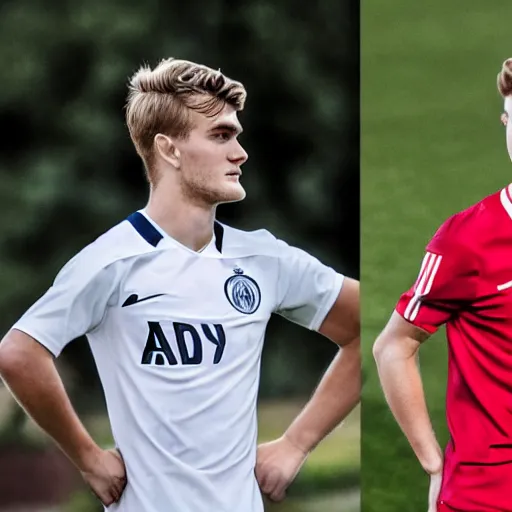 Prompt: a realistic detailed photo of a guy who is an attractive humanoid who is half robot and half humanoid, who is a male android, soccer players martin ødegaard & timo werner, shiny skin, posing like a statue, blank stare, in a living room, on display, showing off his muscles, gold soccer shorts, side view, looking at each other mindlessly