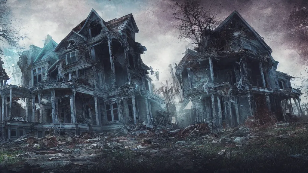 Image similar to a haunted destroyed house, trending on artstation, wide view, cinematic view, cinematic, 8 k, digital photo, unreal engine, colored paint, colorful paint, scary style