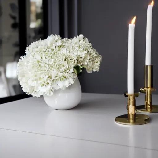 Image similar to luxurious white modern table with flower vase and iphone