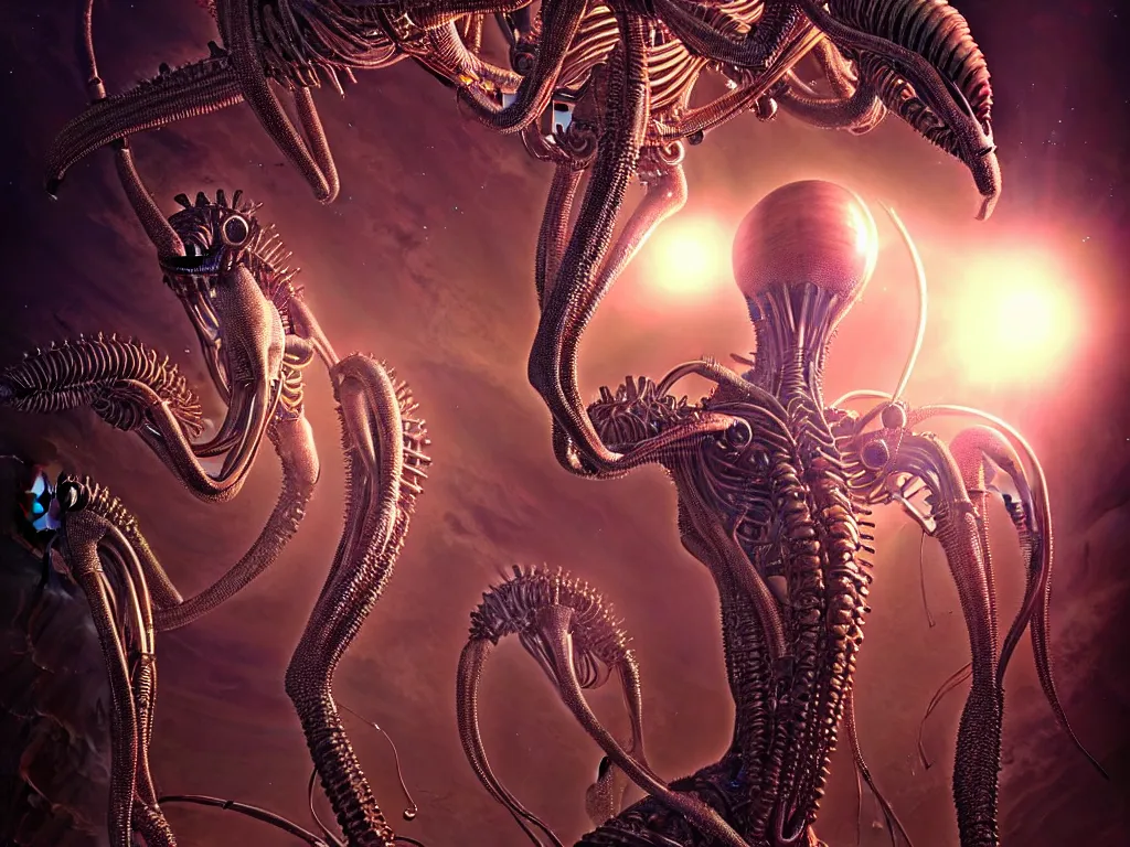 Image similar to highly detailed photo of alien humans, trending on deviantart, neo surrealism, sharp focus, a lot of little details, lens flare, epic render, magical composition, deep color scheme, ornate, intricate, octane, masterpiece, art by ernst haeckel and android jones