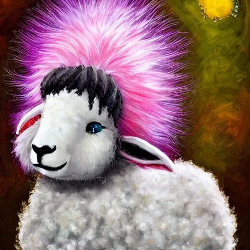 Image similar to cute wooly sheep with long fluffy bunny rabbit ears and colorful mohawk hairstyle hybrid animal detailed painting 4 k