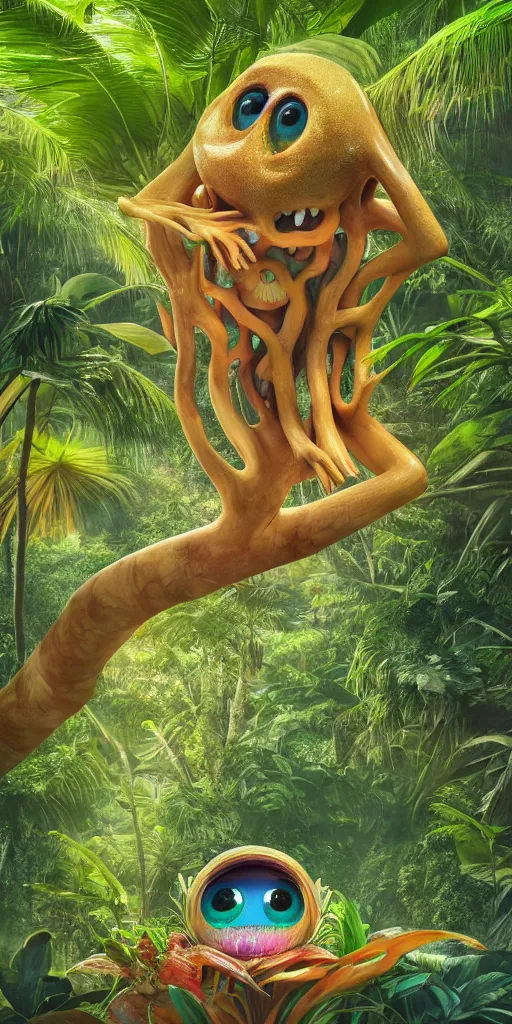 Image similar to of a tropical rainforest lake with strange cute friendly happy creatures with huge eyes, mouth, long tongue, round teeth and goofy face, appearing from the treesl, in the style of gehry and gaudi, macro lens, shallow depth of field, ultra detailed, digital painting, trending artstation, concept art, illustration, cinematic lighting, photorealism, epic, octane render