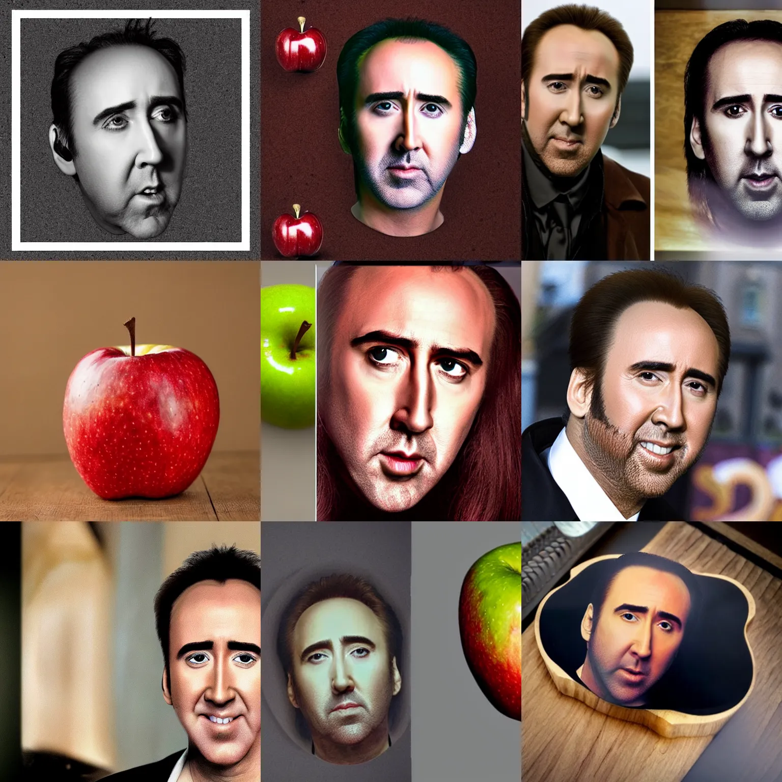 Prompt: An apple with Nicolas Cage's face, photograph